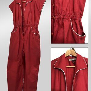 Carol Horn Vintage Jumpsuit Dusky Red Silver Trim Buttons Elastic VTG 80s Med